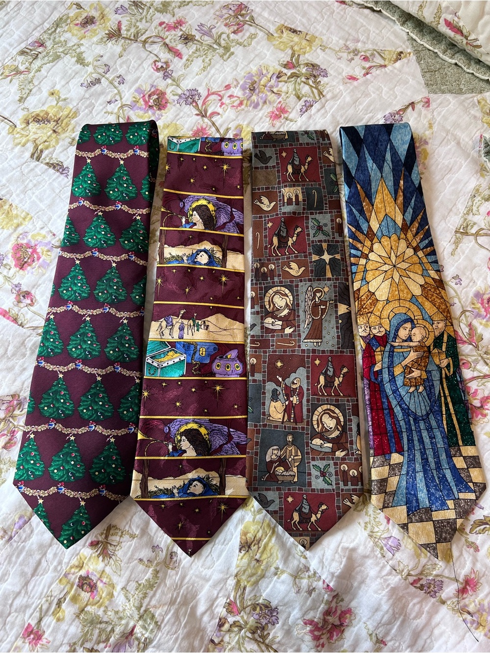 VTG Christmas Nativity Silk Tie Bundle Stained Glass Eagles Wings Noel 4pc